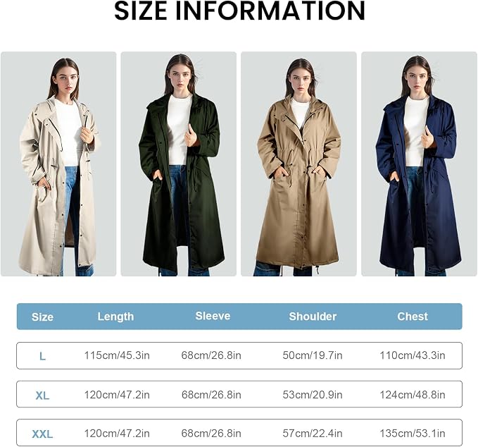 LAMA Womens Long Raincoats Rain Jacket Waterproof Packable Hooded Windbreaker Lightweight Adjustable Waist for Outdoor