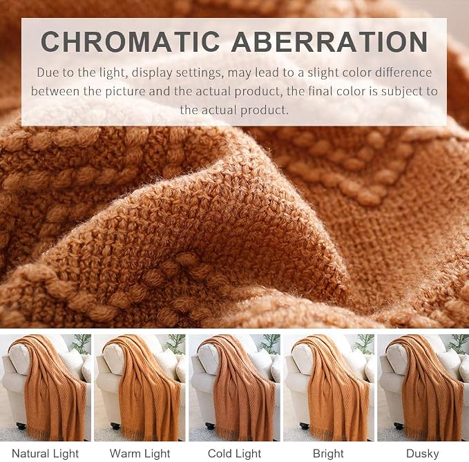 BOURINA Almond Throw Blanket 50x60Inch Boho Knitted Soft Throw Sofa Blanket | Knitted Throw Blanket 50x60 Inches, Soft Lightweight Boho Weave Throw Decorative Couch Blanket for Living Room Bedroom Chair