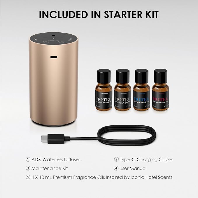 Airversa ADX Waterless Essential Oil Diffuser Starter Kit, Titanium | 4 x 10mL Fragrance Oi, Up to 600 sq ft, Battery Operated, Portable for Home Car Office, ADXKit-4x10-02