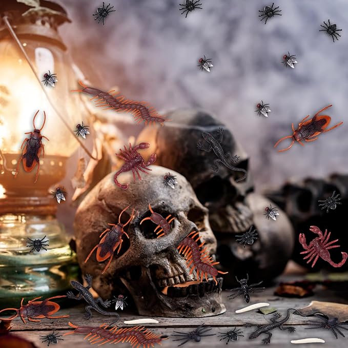 130 PCS Realistic Plastic Bugs Trick Toys, 9 Types Prank Fake Insects Cockroaches Spiders Centipedes Scorpions for Halloween Party Fools' Day Decorations
