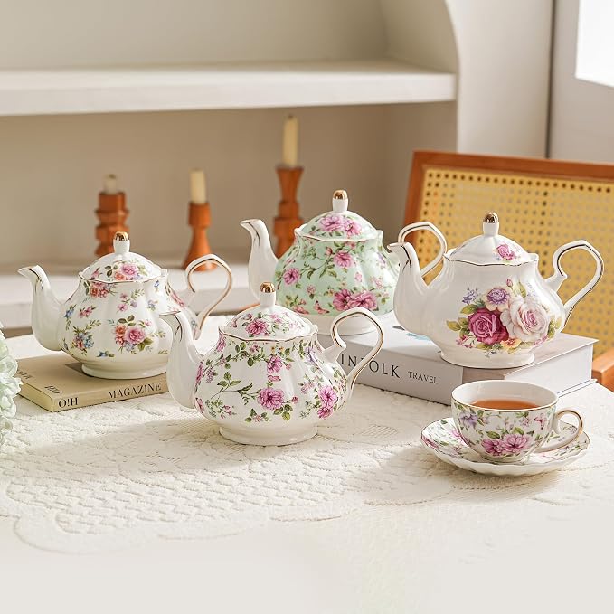 Agyiuns Flower Ceramic Teapot,22oz Porcelain Tea pot for Tea Coffee Milk for Office Home Men Women as Gift (White and big flowers)