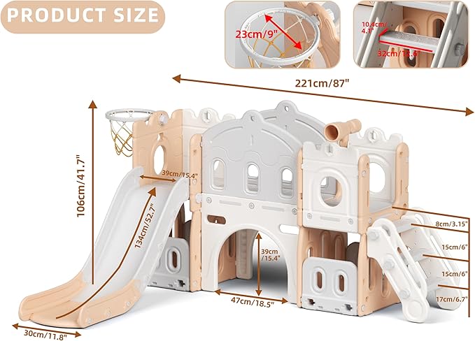YUFU 8 in 1 Kids Slide for Toddlers Age 1-3, Kids Playset with Basketball Hoop and Ball, Indoor Outdoor Playground