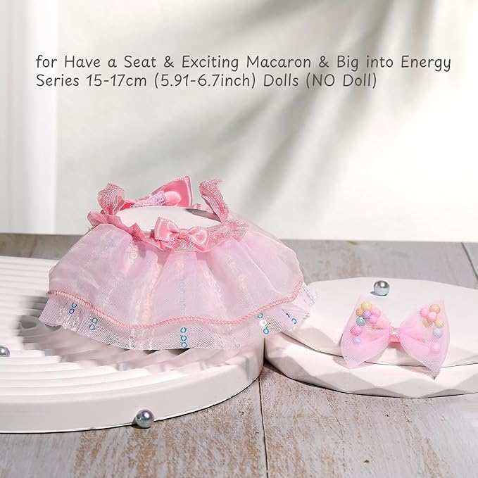 Doll Clothes for Labubu 17cm Have a Seat & Exciting Macaron & Big into Energy Series Dolls, Adorable Chic Dress Set for 17cm Dolls Accessories (Pink Gauze Skirt + Hairband)
