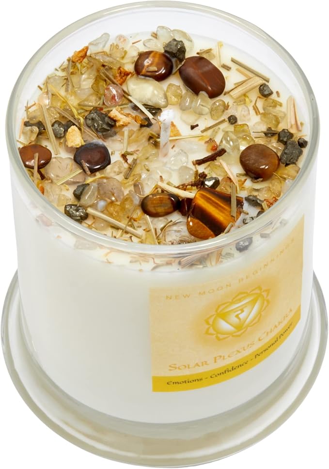Solar Plexus Chakra Candle by New Moon Beginnings - Chakra Candles - Dried Flower, Herb, & Crystal Candles - Aromatherapy Candles - Soy Candle - 8oz Tin