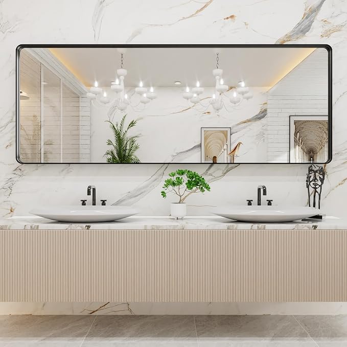 LOAAO 84x32 Inch Black Bathroom Mirror Metal Framed | Matte Black Bathroom Vanity Mirror, Rounded Rectangle, Anti-Rust, Tempered Glass, Hangs Horizontally or Vertically