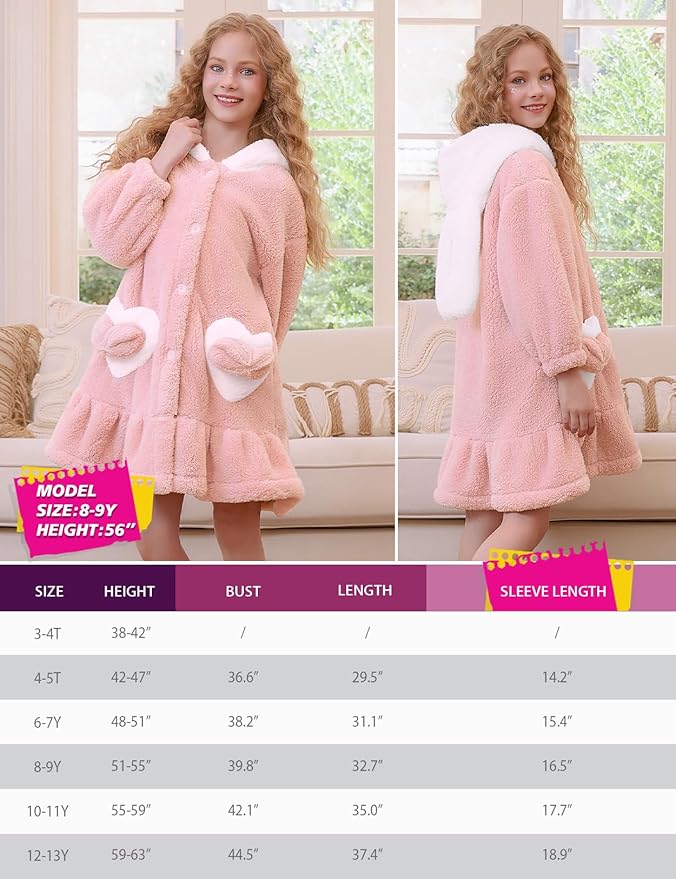 Girls Bathrobes Coral Fleece Button Down Hooded Robes Cute Rabbit Ears Bath Robe Fuzzy Warm Soft Sleepwear