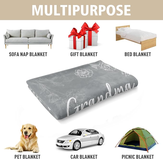 GiltGlimmer Grandma Gifts, Grandma Floral Blanket 50" x 60", Grey | Birthday Gifts for Grandma from Grandkids, to My Grandmother Soft Flannel Throw Blanket for Christmas Mothers Day
