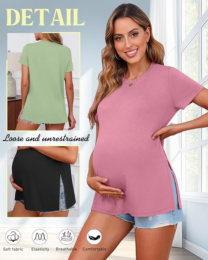Ficerd 3 Pack Women's Maternity T Shirts, Short Sleeve Side Split Pregnancy Tops Casual Crew Neck Pregnant Tees Mama Clothes