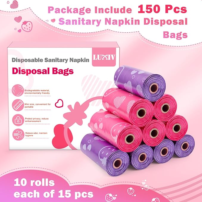 150Pcs Sanitary Napkin Disposal Bags, Luxiv Pink Disposable Sanitary Bag Personal Care Disposal for Tampons Trash Bag, Disposable Mini Bags for Women Privacy Handling Bag Diaper Sack (Pink+Purple)