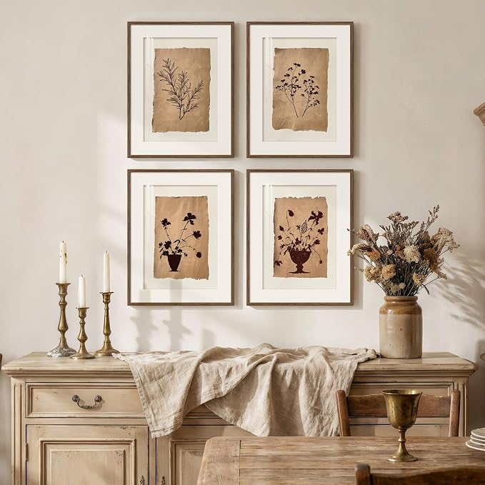 Framed Vintage Botanical Wall Art for Bathroom, Retro Brown Floral Prints Paintings, Neutral Rustic Minimalist Flowers Pictures for Bedroom Dining Room Kitchen Wall Decor, 11x14 Inch-4 Piece