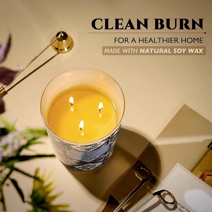 HomeLights Lilac Blossom Scented Candles | 34oz Soy Candles Bohemian Natural Textures 3-Wick Large Candle Jars | Ideal Candle Gifts for Events, Home Decor Stress, Relief & Relaxation