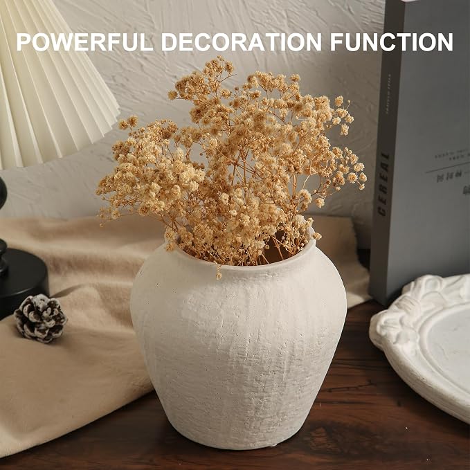 Farmhouse Ceramic Vase - White Rustic Vintage Flower Vase for Home, Living Room, Shelf and Dining Table Decor-6.1IN.