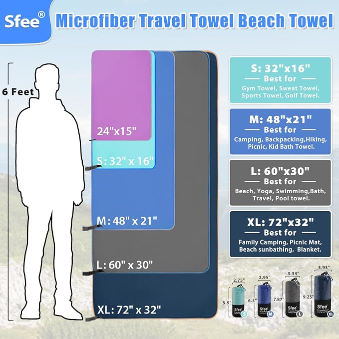 Sfee 4 Pack(8Pcs) Microfiber Travel Towel, Quick Dry Towel Camping Towel Super Absorbent Compact Lightweight Sports Towel Swim Gym Beach Towels Set for Gym, Hiking, Pool, Backpacking, Bath, Yoga