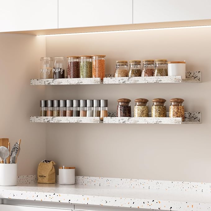 upsimples Floating Shelves for Wall, Wall Shelves for Decor Storage Set of 6, Wall Mounted Wood Shelf for Bedroom, Living Room, Bathroom, Kitchen, Picture Ledge Shelf, Rustic White