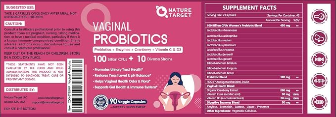 Vaginal Probiotics for Women, 100 Billion CFUs Probiotics & Prebiotics with Digestive Enzymes, Cranberry & D-Mannose - Womens Probiotic Supports pH Balance, Odor & Urinary Tract Health - 90 Capsules