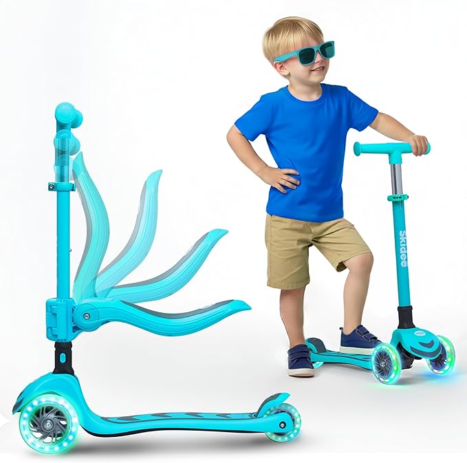 SKIDEE Kick Scooter for Kids Foldable 3 Wheel Scooter with Lean-to-Steer, Adjustable Height, Removable Seat & LED Light Wheels | Toddler Scooter Up to 12 Year Old Boys/Girls