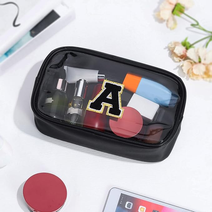 YOOLIFE Initial Travel Makeup Bag Pouch, Clear Toiletry Bag for Women Travel Accessories Cosmetic Bag Skin Care for Teen Make Up Bags Birthday Gifts for Women Unique Teacher Mom Friends Gifts Black R