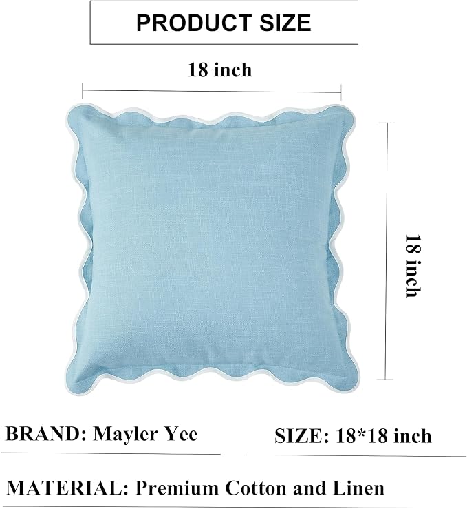 Scalloped Pillow Covers Set of 2 for Living Room | Spring Decorative Sofa Couch Pillows | Boho Sytle Decorative Home | Aesthetic Funky Preppy Pillow Cases (Blue, 18x18 Inch)