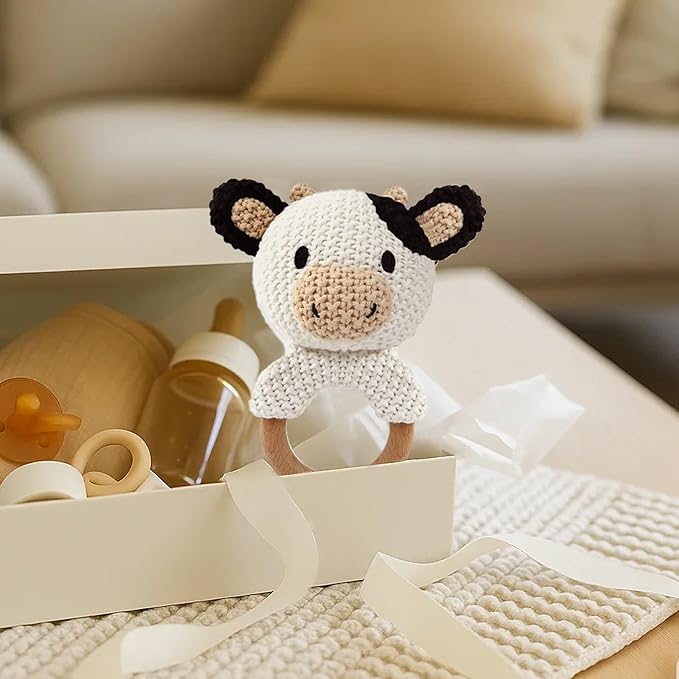 Cow Baby Rattle Sensory Toy Knitted Plush Stuffed Animal Teether Wood Ring Visual Tracking Auditory Development Shaker for Infants 3-9 Months Baby Birthday Shower Gift Infant Toys Gift