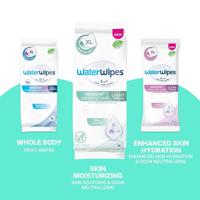 WaterWipes Sensitive Personal Care Light, Incontinence Wipes, Odor Removal, XL Textured Wipes, Fragrance Free, 90 Count (3 Packs)