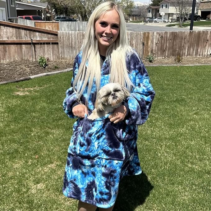 Krifey Wearable Blanket Hoodie, Oversized Sherpa Fleece Sweatshirt with Giant Pocket, Birthday Gifts for Women, Mom, Sister, Dark Blue Tie Dye