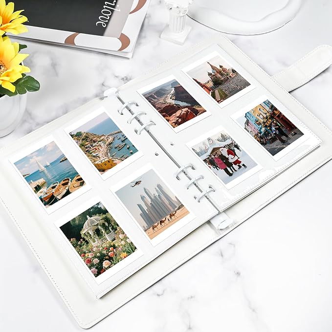 2x3 Photo Album, Refillable PU Leather A5 Photo Binder with Adjustable Pages, 200 Pockets for Fujifilm Instax Mini 12 11 9 40 99 90 8 7 Evo LiPlay, Polaroid Snap PIC-300 Z2300 Instant Cameras (White)
