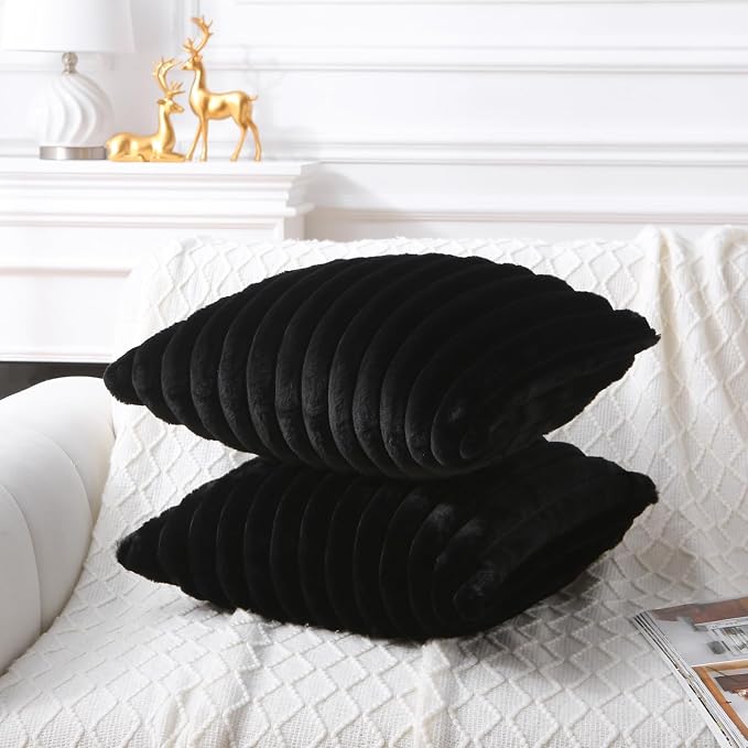 Decorative Throw Pillow with Inserts, Set of 2 Soft Faux Fur Throw Pillows, Square Boho Striped Pillow for Couch, Bed, Sofa Decor (Black, 20" x 20"(Pack of 2))