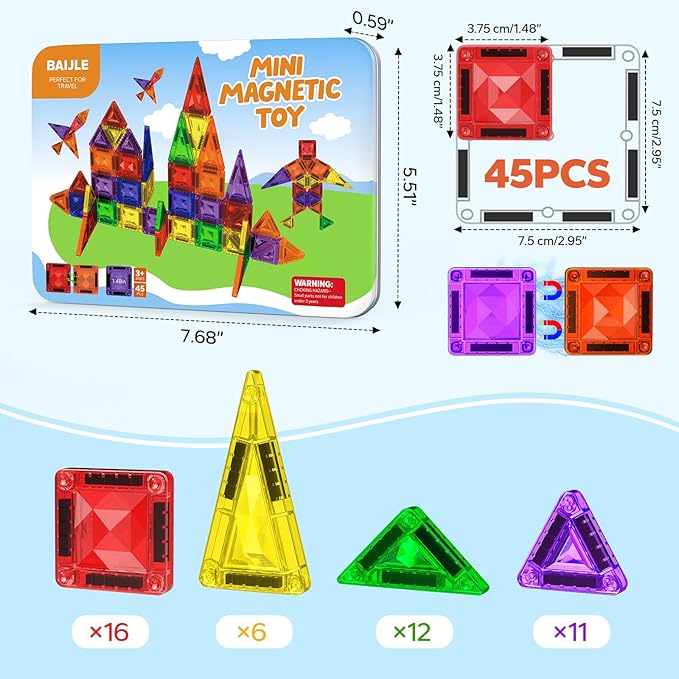 Mini Magnetic Tiles for Kids Ages 4-8, 45PCS Diamond Pattern Magnetic Tiles Travel Set with Case, Portable Building Toys Creativity Boosting Sensory Toys for Toddler Boys Girls Halloween Birthday Gift