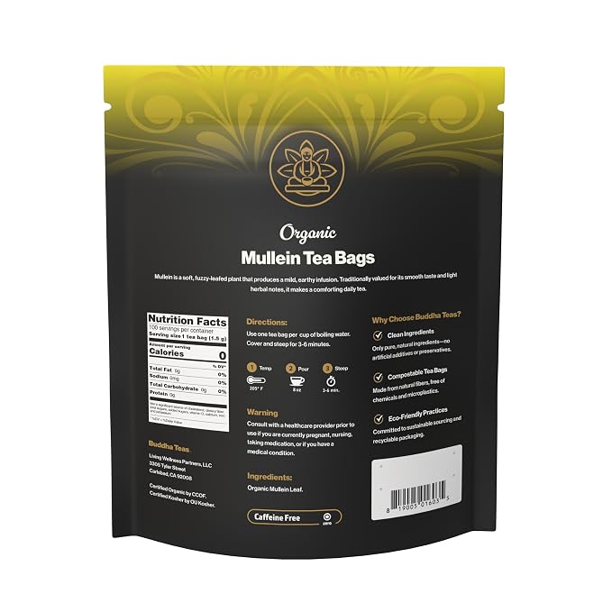 Buddha Teas - Organic Mullein Leaf Tea Bags - For Health & Wellbeing - With Antioxidants & Minerals - Clean Ingredients - Caffeine Free - OU Kosher & Non-GMO - 100 Non-String Tea Bags (Pack of 1)