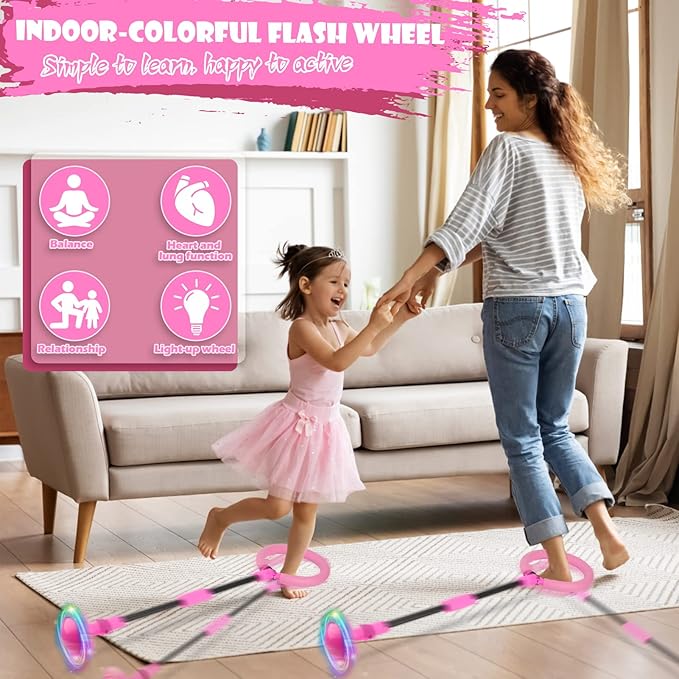 Ankle Skip Ball for Kids, Foldable Colorful Light Flash Wheel Skip Ball for Adults, Indoor Outdoor Game Toys for Kids Girls Boys, Gift for Girls, Boys Ages 5 6 7 8 9 10 11 12 Years Old- Pink