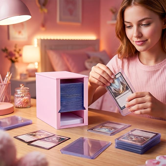 Toploader Dispenser & Penny Sleeve Holder - Dual Compartment Holds 250 Penny Sleeves & up to 50 Top Loaders, Stackable Card Storage Box with Dustproof Lid (Pink)