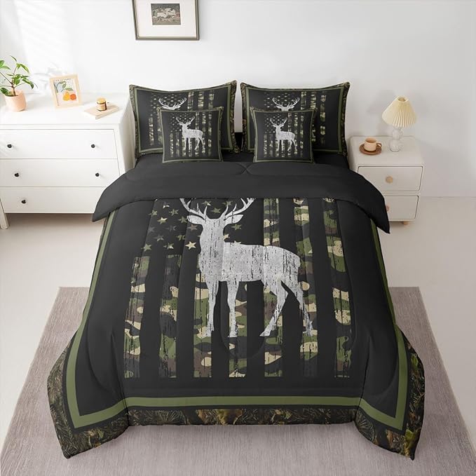 Feelyou Green Hunting Camo King Comforter Set with Sheets for Kids Boys Girls American Flag Deer 7 Pieces Bedding Set Wild Animal Hunter Bed in a Bag Room Decor Soft Lightweight Microfiber