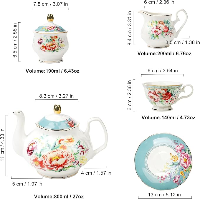 fanquare 21-Piece Green and Floral Porcelain Tea Set, Vintage Ceramic Tea Cup and Saucer Set for 6, Teapot Set for Women Party
