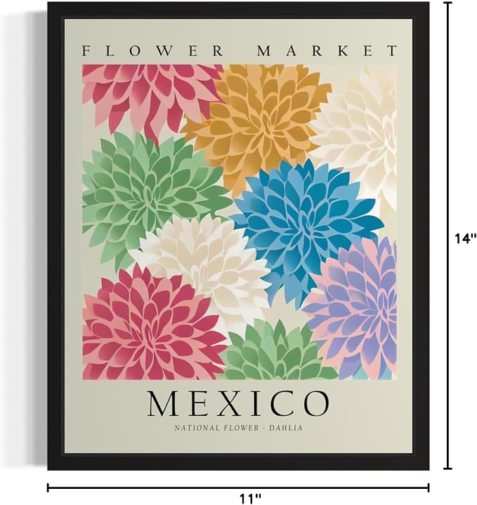 Mexico, Dahlia Art Print Poster, Flower Market Wall Art, Floral Artwork Decor for Bedroom, Kitchen, Bathroom, Livingroom Decoration 52 (Mexico, Dahlia, 14"L x 11"W, Unframed)