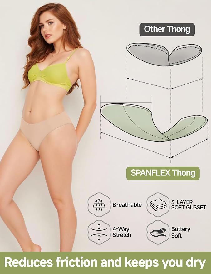 Seamless Thongs for Women No Show G-String Thong Breathable Cotton Panty Liners Underwear for Yoga Workout Gym