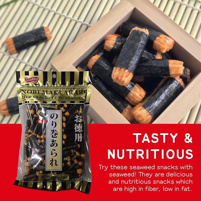 Shirakiku Japanese Nori Maki Arare Rice Crackers with | Glutinous Rice, Soy Sauce, Wheat, and Seaweed | Crispy and Savory Cracker Snacks, Seaweed Flavor, Pack of 2-5oz Each (Total 10oz)