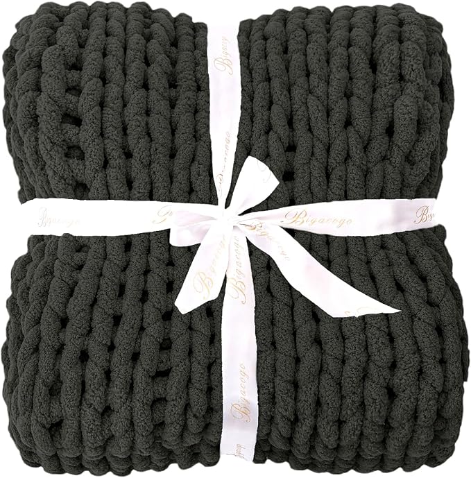 Bigacogo Chunky Knit Throw Blanket for Couch, 80x90 inches, Dark Grey | Hand Knit with Jumbo Chenille, Soft Breathable Cable Knit for Sofa Bed Living Room, Machine Washable, Gift for Mom Friend