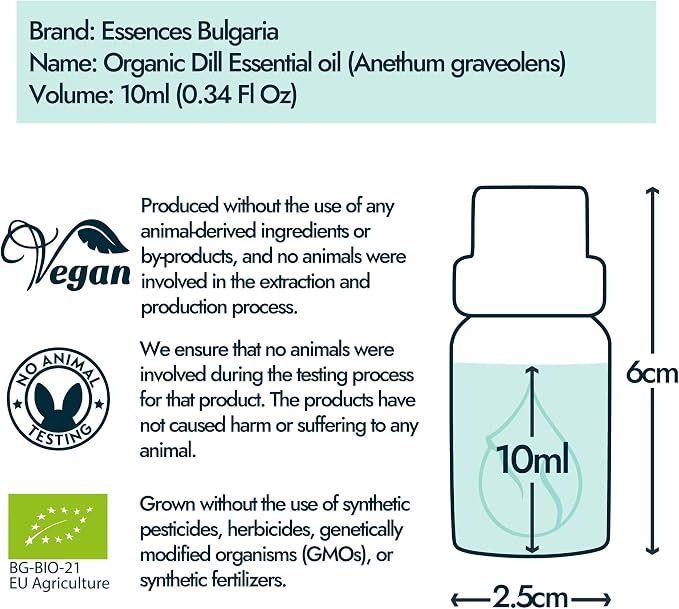 Essences Bulgaria Organic Dill Essential Oil 1/3 Fl Oz | 10ml | Anethum graveolens | 100% Pure and Natural | Undiluted | Therapeutic Grade | Family Owned Farm | Steam-Distilled | Non-GMO
