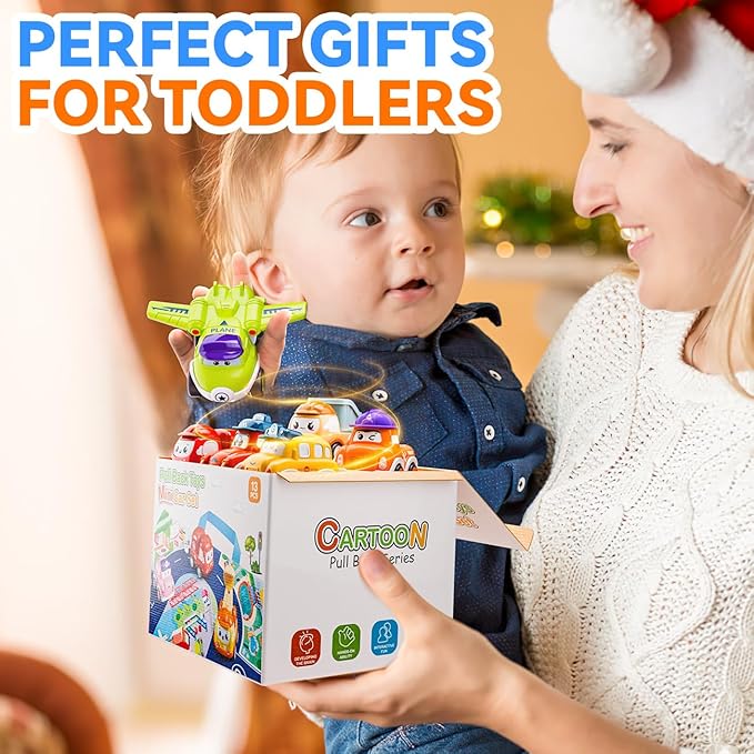 Mini Car Toys for 1 Year Old Boy Gifts, 12 Sets Pull-Back Trucks with Playmat for Toddlers Age 1-2, Baby Toys 12-18 Months, 1st Christmas Birthday Gifts for One Year Olds