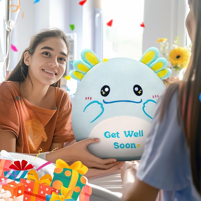 12" Get Well Soon Axolotl Plush Pillow,Soft Axolotl Plushies,Get Well Stuffed Animal,Cute Salamander Plush Feel Better Gifts for Kids Women Men (Mint Green)
