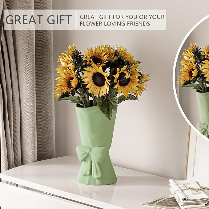 Relexome Green Ceramic Bow Vase 9.64 in Unique Cute Modern Decorative Bouquet Flower Vases for Home Living Room Table Decor Women Girl Gifts