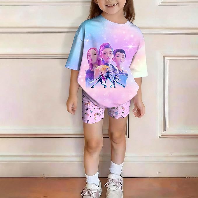 K-POP DEM0N Hunters Outfits for Girls, 2 Piece T-Shirts and Apparel Sets Birthday Gift