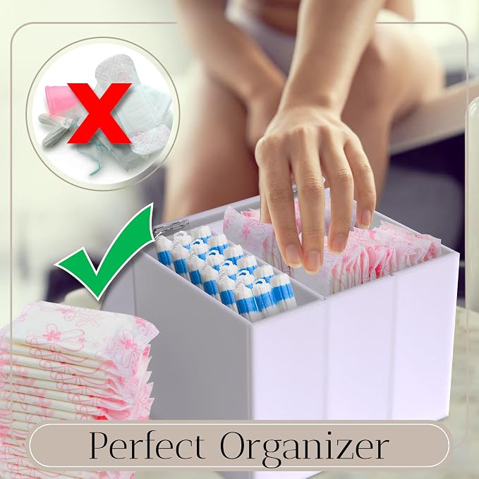 The Flow Box Tampon and Sanitary Pad Organizer - Bathroom Organizer with Removable Dividers, Tampon Storage Box, Discreet Feminine Care Storage, Feminine Care Organizer