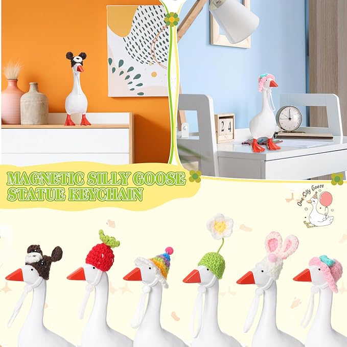 Geyoga 6 Pcs Mini Knitted Hats 7 Inch Goose Outfits Hat with Adjustable Strap Mini Porch Goose Headwear for Statue Key Holder