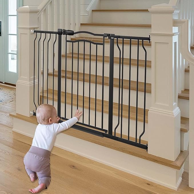 Fairy Baby 62.5"-71.6" Extra Wide Baby Gate Pressure Mount, Long Large Dog Gate Indoor Doorways Stairs, No Drill Safety Child Gate for Kids with Double Lock, Walk Thru Pet Gate for Puppy Doggy, Black
