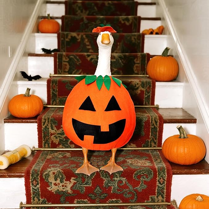 2 Pcs Halloween Porch Goose Outfits Pumpkin Goose Costume for Cement Plastic Duck Halloween Outdoor Patio Yard Lawn Statueart Decor