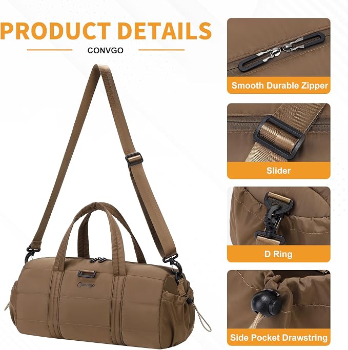 20L Gym Bag for Women, Medium Sport Duffel Bag with Yoga Mat Strap,Wet Pocket, Water-Resistant Adjustable Strap for Gym Yoga, Brown