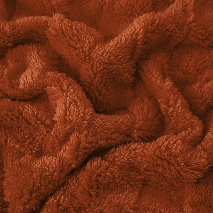 Burnt Orange Fleece Throw Blanket 50”×60”Checkered Design for Sofa | Super Soft Cozy Plush Microfiber 3D Square Pattern Flannel Blanket for Couch bed Lightweight for Adults,Women