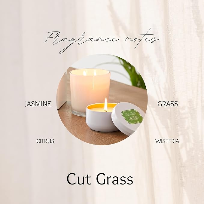 Cut Grass Scented Candle – 12oz Luxury Soy Wax, 2-Wick in Handwoven Glass Jar, Fresh-Cut Wisteria and Jasmine - 75+ Hour Clean Burn, Made in USA