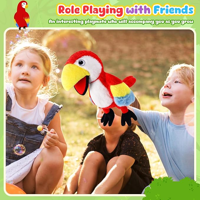Animal Hand Puppets 11 Inch Bird Plush Toucan Owl Eagle Parrot Flamingo Peacock Puppet Toys Role-Play Puppets for Kids Storytelling Imaginative Pretend Play Teaching Preschool(Parrot)